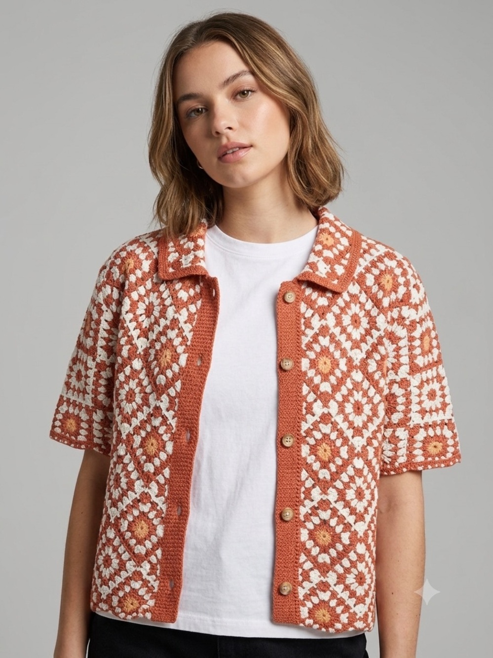 Crochet Granny Square Button-Up Cardigan Fall Colors Small / Medium